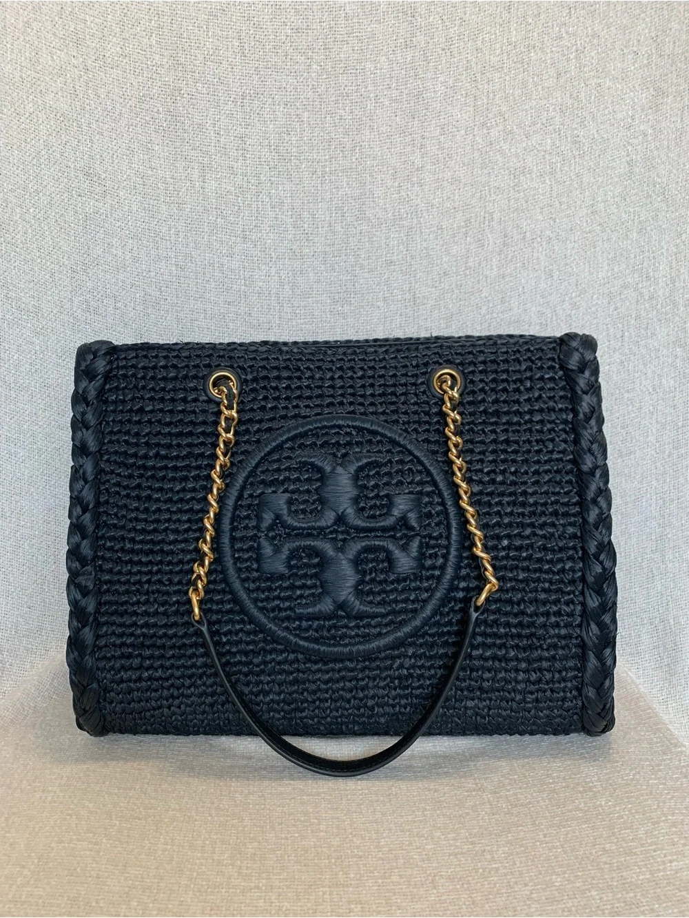 NEW Tory Burch Ella Melange Chain Strap Black Raffia Small Tote Bag